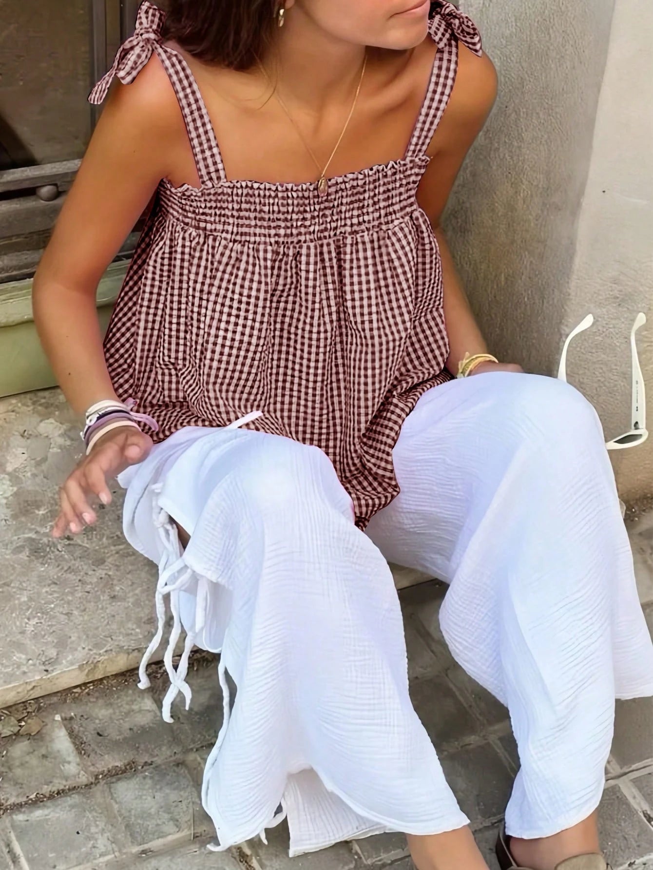 Casual Solid Color Plaid Camisole Top, Versatile For Picnic, Travel, Beach, Relaxed Fit Summer, For Women