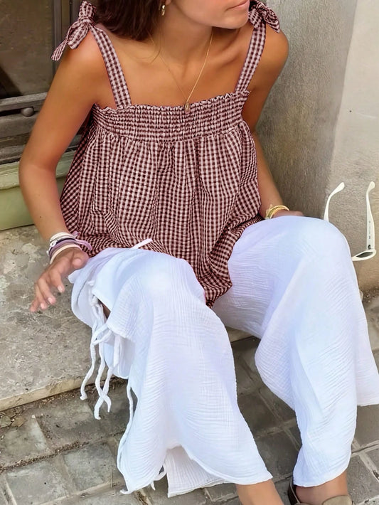 Casual Solid Color Plaid Camisole Top, Versatile For Picnic, Travel, Beach, Relaxed Fit Summer, For Women