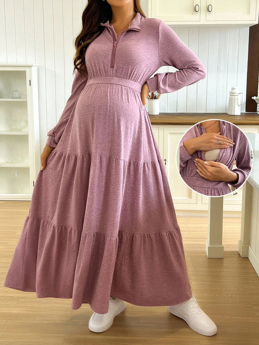 Casual Solid Color Turndown Collar Nursing Dress Fall