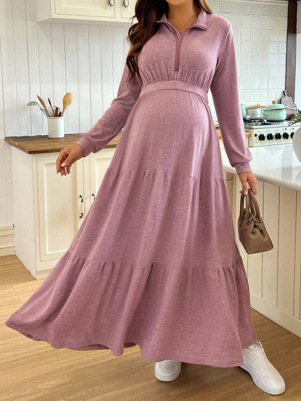 Casual Solid Color Turndown Collar Nursing Dress Fall