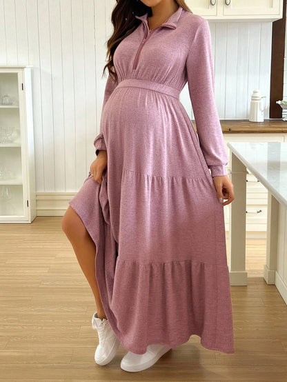 Casual Solid Color Turndown Collar Nursing Dress Fall