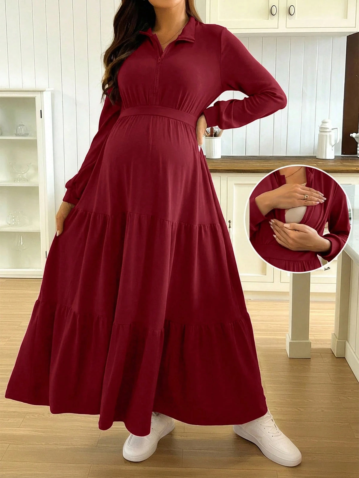 Casual Solid Color Turndown Collar Nursing Dress Fall