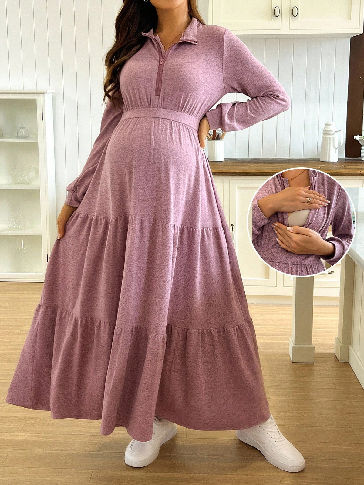 Casual Solid Color Turndown Collar Nursing Dress Fall