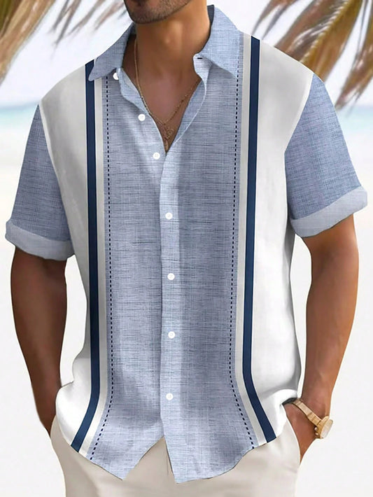 Casual Striped Textured Print Men's Lightweight Loose Short Sleeve Shirt