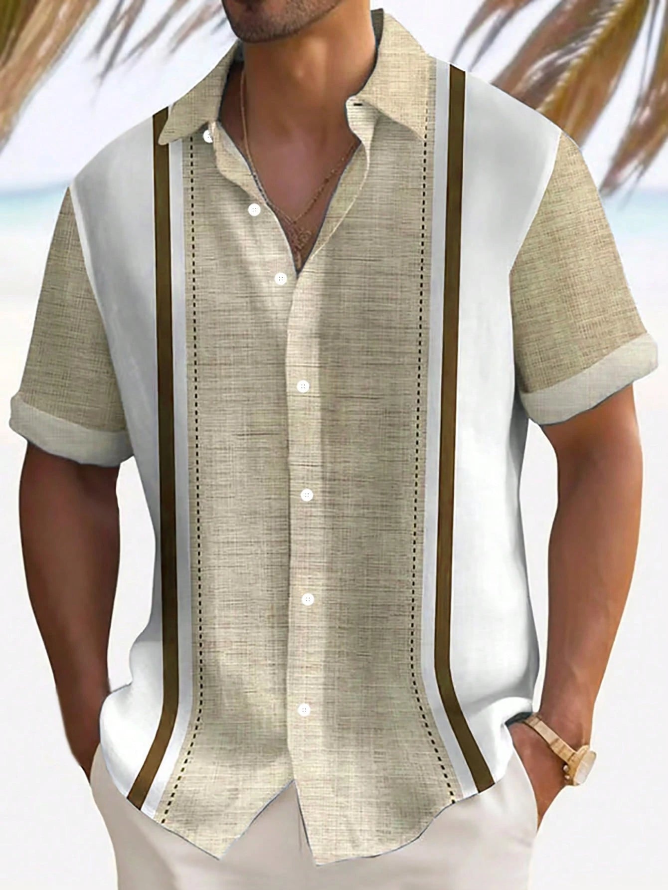 Casual Striped Textured Print Men's Lightweight Loose Short Sleeve Shirt