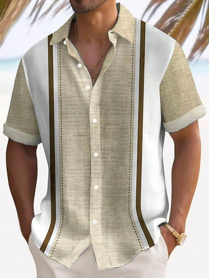 Casual Striped Textured Print Men's Lightweight Loose Short Sleeve Shirt