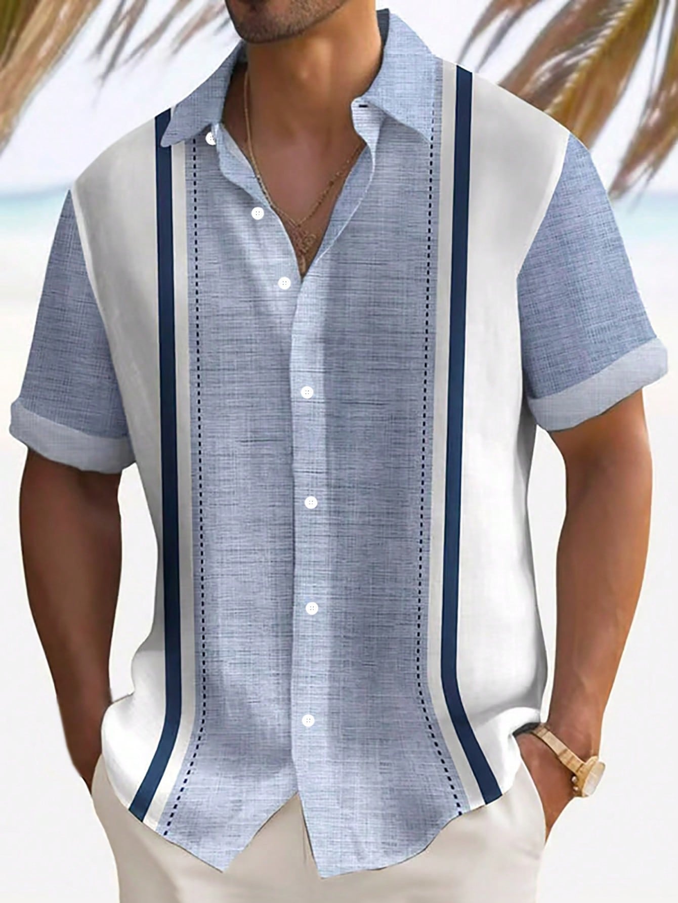 Casual Striped Textured Print Men's Lightweight Loose Short Sleeve Shirt