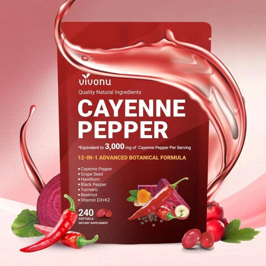 Cayenne Pepper Softgels Supplement, Supports Leg Vein, Heart And Blood Vessel Health, With Vitamin E D3+K2 And Extracts Of Grape Seed, Hawthorn, Beetroot And Others (240 Softge/1 Bag)