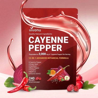 Cayenne Pepper Softgels Supplement, Supports Leg Vein, Heart And Blood Vessel Health, With Vitamin E D3+K2 And Extracts Of Grape Seed, Hawthorn, Beetroot And Others (240 Softge/1 Bag)
