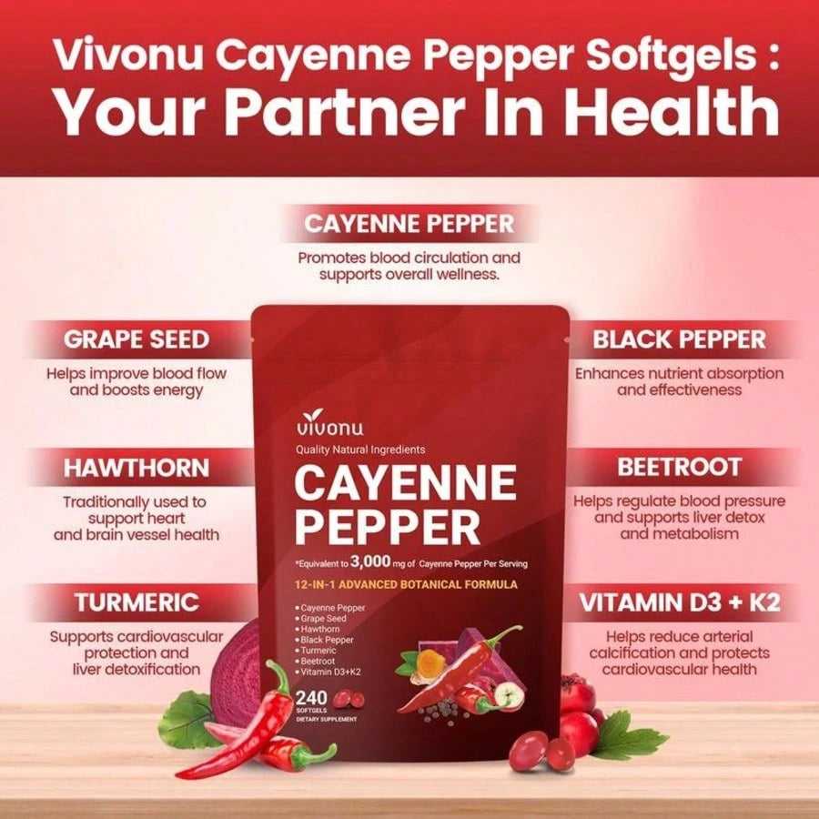 Cayenne Pepper Softgels Supplement, Supports Leg Vein, Heart And Blood Vessel Health, With Vitamin E D3+K2 And Extracts Of Grape Seed, Hawthorn, Beetroot And Others (240 Softge/1 Bag)