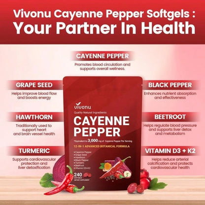 Cayenne Pepper Softgels Supplement, Supports Leg Vein, Heart And Blood Vessel Health, With Vitamin E D3+K2 And Extracts Of Grape Seed, Hawthorn, Beetroot And Others (240 Softge/1 Bag)
