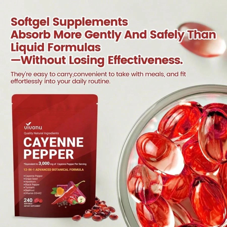 Cayenne Pepper Softgels Supplement, Supports Leg Vein, Heart And Blood Vessel Health, With Vitamin E D3+K2 And Extracts Of Grape Seed, Hawthorn, Beetroot And Others (240 Softge/1 Bag)