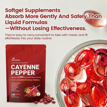 Cayenne Pepper Softgels Supplement, Supports Leg Vein, Heart And Blood Vessel Health, With Vitamin E D3+K2 And Extracts Of Grape Seed, Hawthorn, Beetroot And Others (240 Softge/1 Bag)