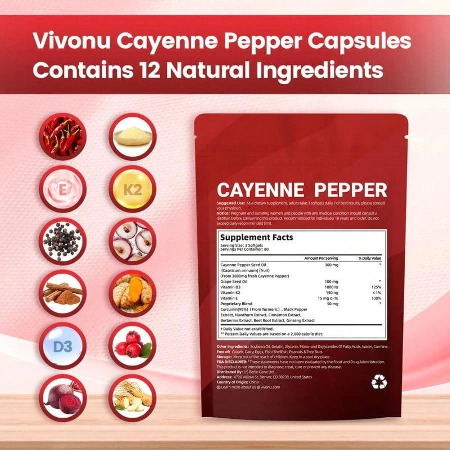 Cayenne Pepper Softgels Supplement, Supports Leg Vein, Heart And Blood Vessel Health, With Vitamin E D3+K2 And Extracts Of Grape Seed, Hawthorn, Beetroot And Others (240 Softge/1 Bag)