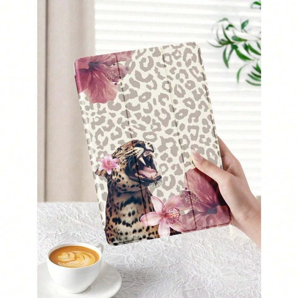 Cheetah,Leopard Print 1pc Black Leopard Print Tablet Protective Case With Pen Slot, Anti-Drop, Support Sleep/Wake, Compatible With Samsung, And IPad