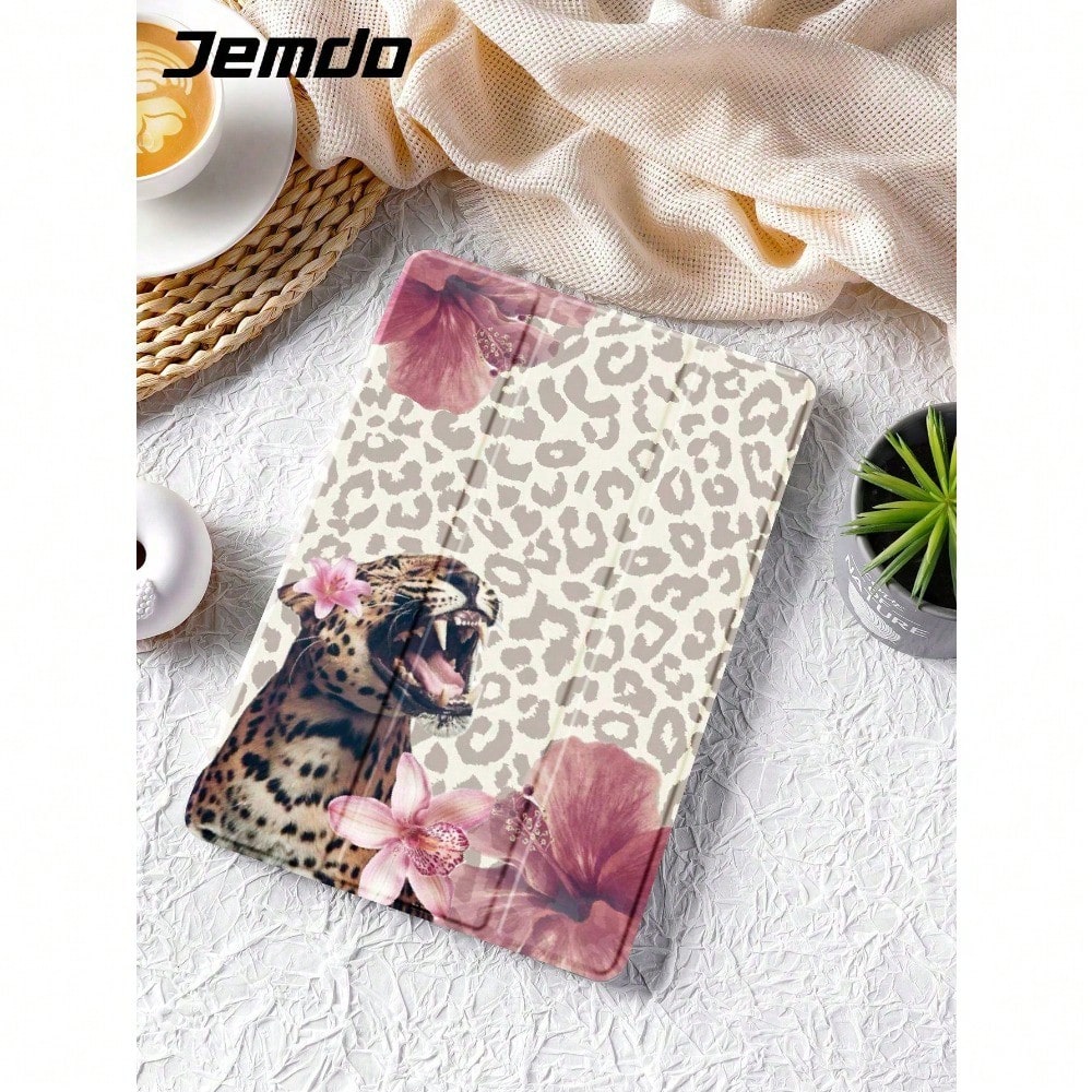 Cheetah,Leopard Print 1pc Black Leopard Print Tablet Protective Case With Pen Slot, Anti-Drop, Support Sleep/Wake, Compatible With Samsung, And IPad