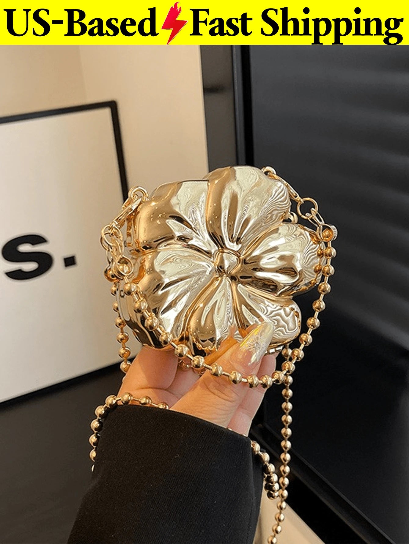 Chic Mini Chain Bag For Women Petal Design Evening Bag Gold/Silver Color Shoulder Bag Hard Shell Handbag For Gift Party Date Night Cruise Essential