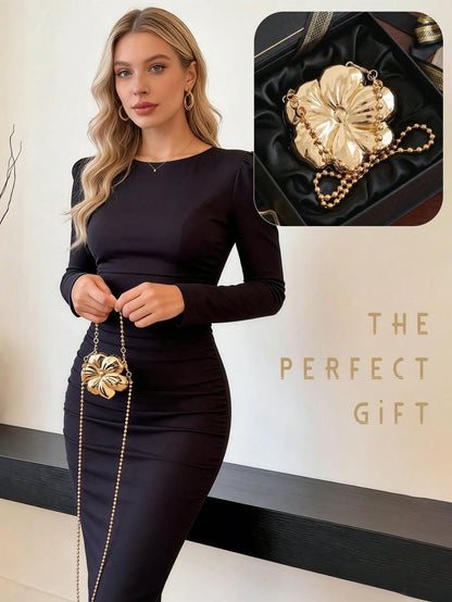 Chic Mini Chain Bag For Women Petal Design Evening Bag Gold/Silver Color Shoulder Bag Hard Shell Handbag For Gift Party Date Night Cruise Essential