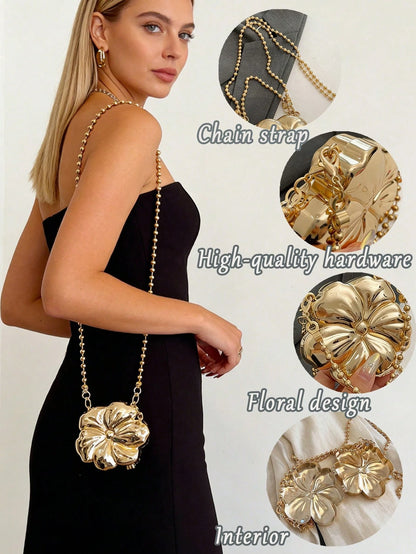 Chic Mini Chain Bag For Women Petal Design Evening Bag Gold/Silver Color Shoulder Bag Hard Shell Handbag For Gift Party Date Night Cruise Essential