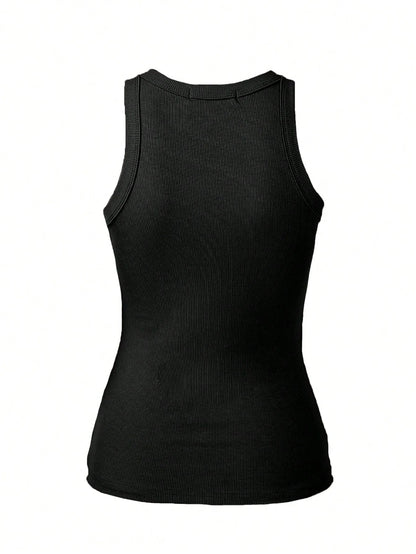 ChicMe Sleeveless Ribbed Knit Tank Top, Fitted Style, Basic Casual Everyday Wear For Women Elegant Black Summer