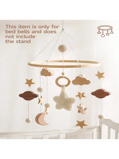Children's Beige Starry Bed Bell Crib Rattle Bed Bell Handmade Crochet Wooden Nursery Pendant Newborn Gift