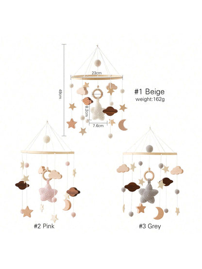Children's Beige Starry Bed Bell Crib Rattle Bed Bell Handmade Crochet Wooden Nursery Pendant Newborn Gift