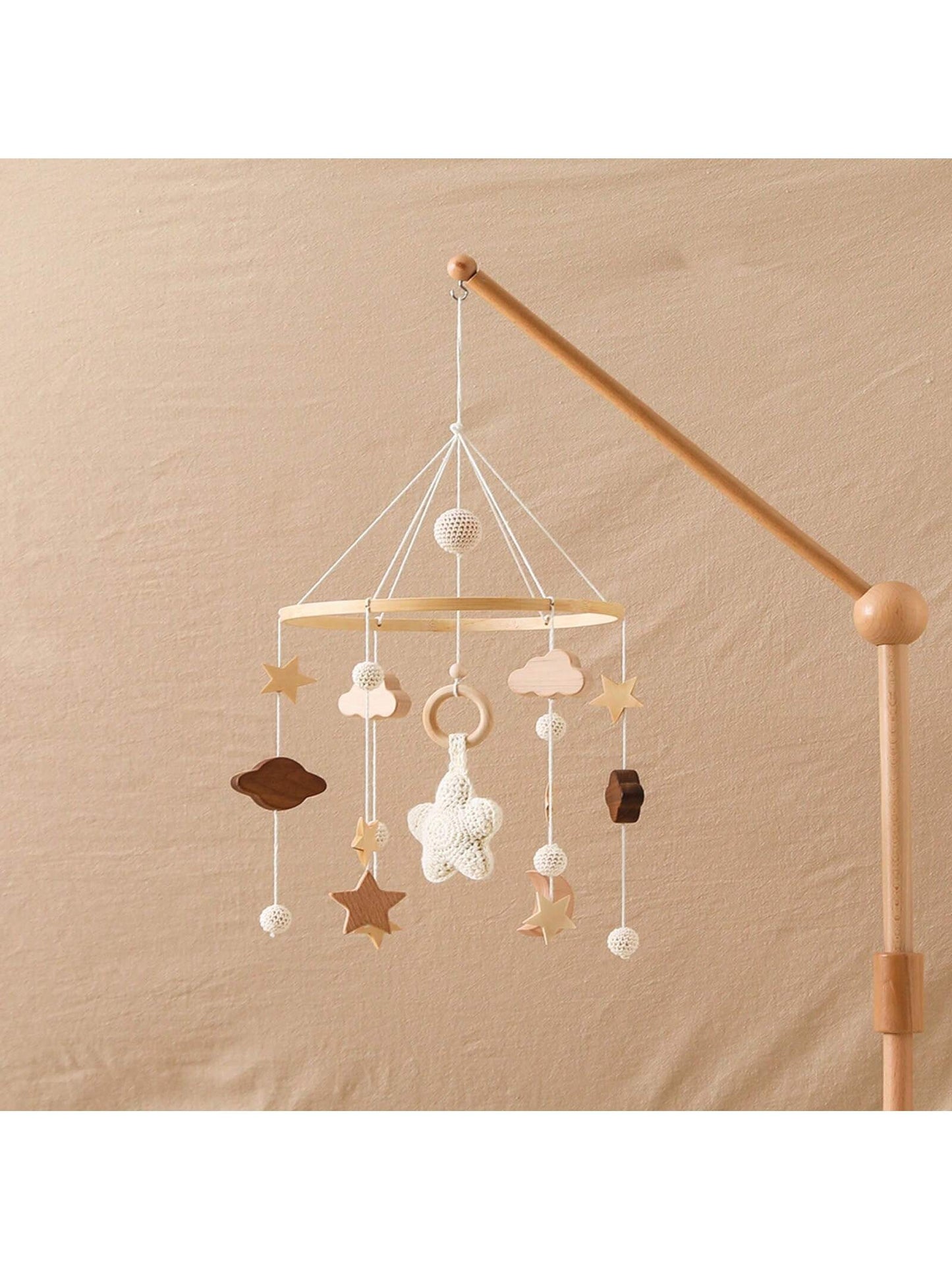 Children's Beige Starry Bed Bell Crib Rattle Bed Bell Handmade Crochet Wooden Nursery Pendant Newborn Gift