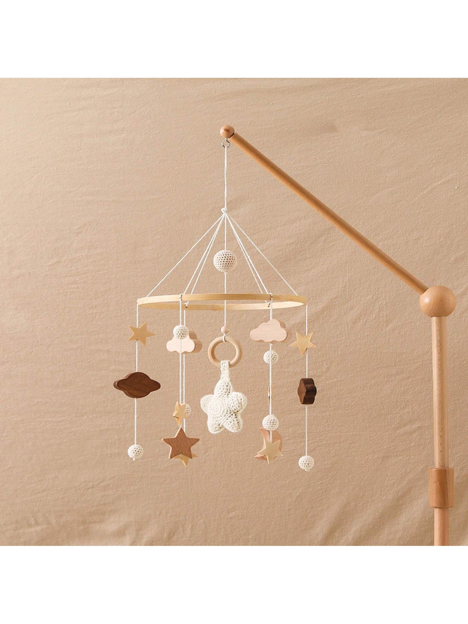 Children's Beige Starry Bed Bell Crib Rattle Bed Bell Handmade Crochet Wooden Nursery Pendant Newborn Gift