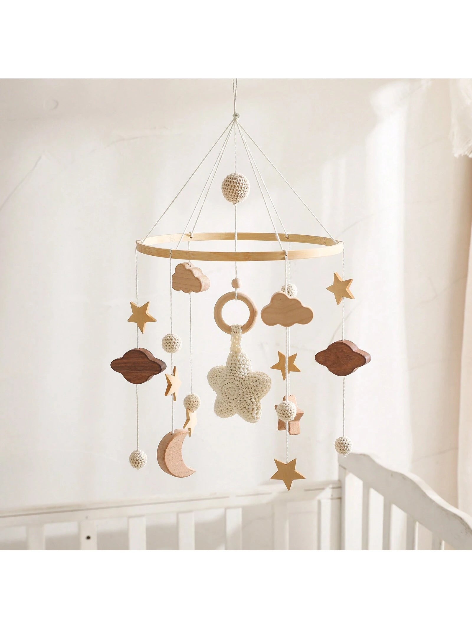 Children's Beige Starry Bed Bell Crib Rattle Bed Bell Handmade Crochet Wooden Nursery Pendant Newborn Gift