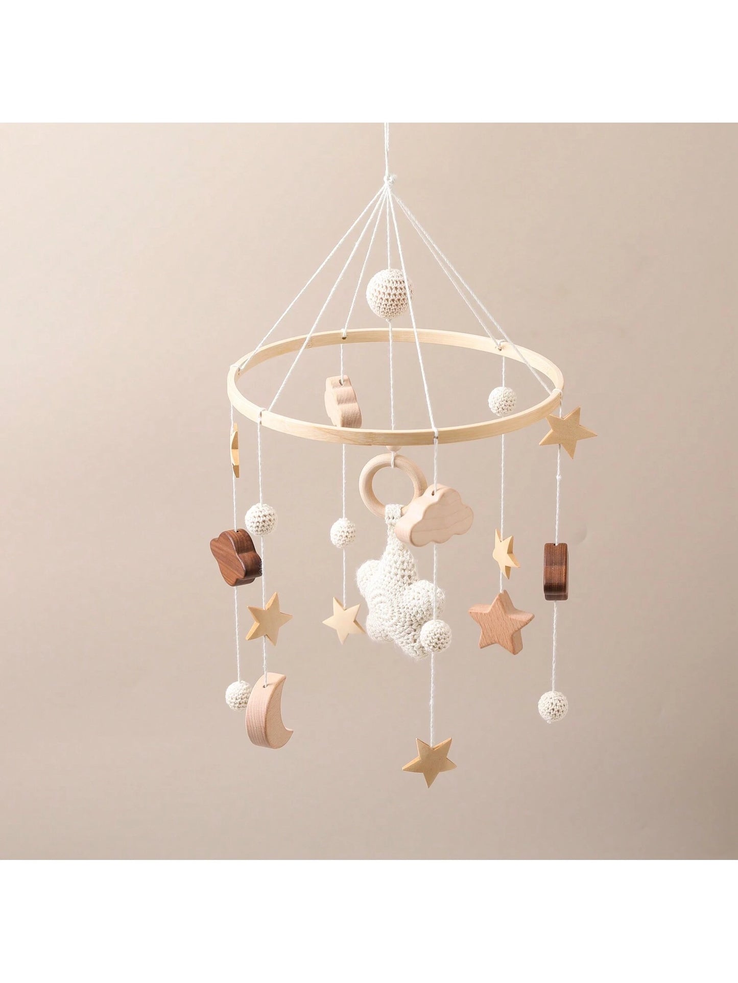 Children's Beige Starry Bed Bell Crib Rattle Bed Bell Handmade Crochet Wooden Nursery Pendant Newborn Gift
