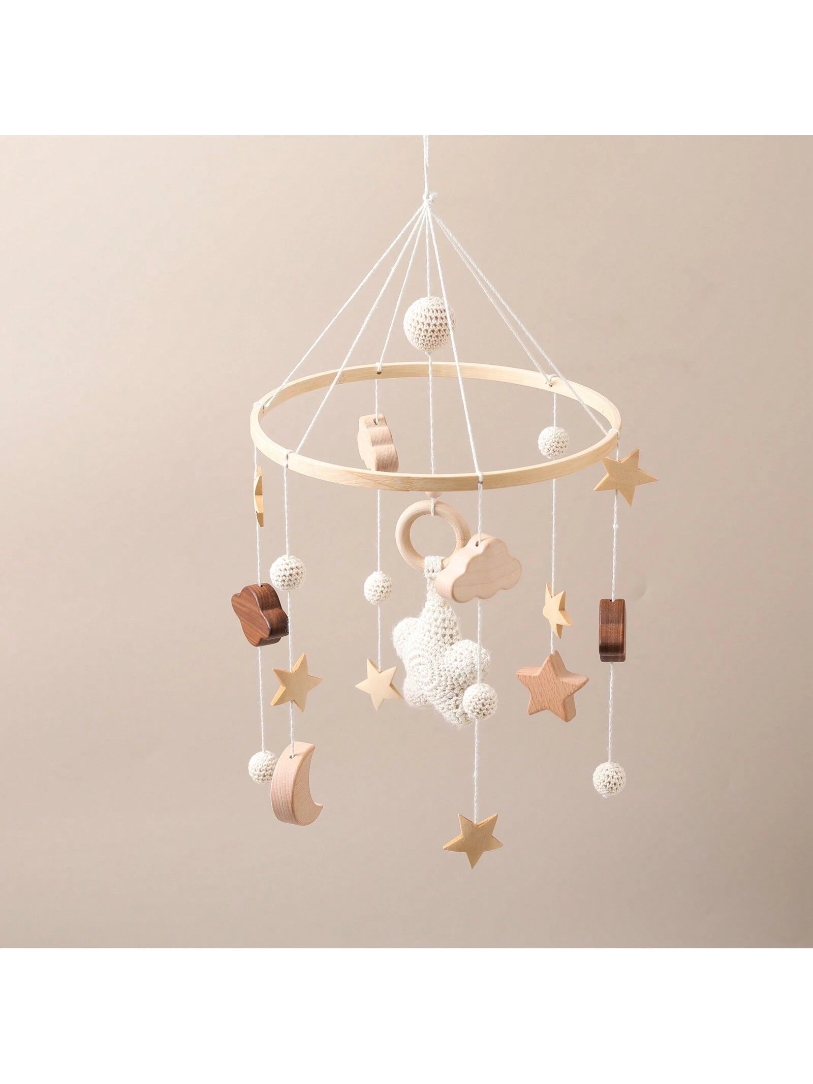 Children's Beige Starry Bed Bell Crib Rattle Bed Bell Handmade Crochet Wooden Nursery Pendant Newborn Gift