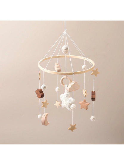 Children's Beige Starry Bed Bell Crib Rattle Bed Bell Handmade Crochet Wooden Nursery Pendant Newborn Gift