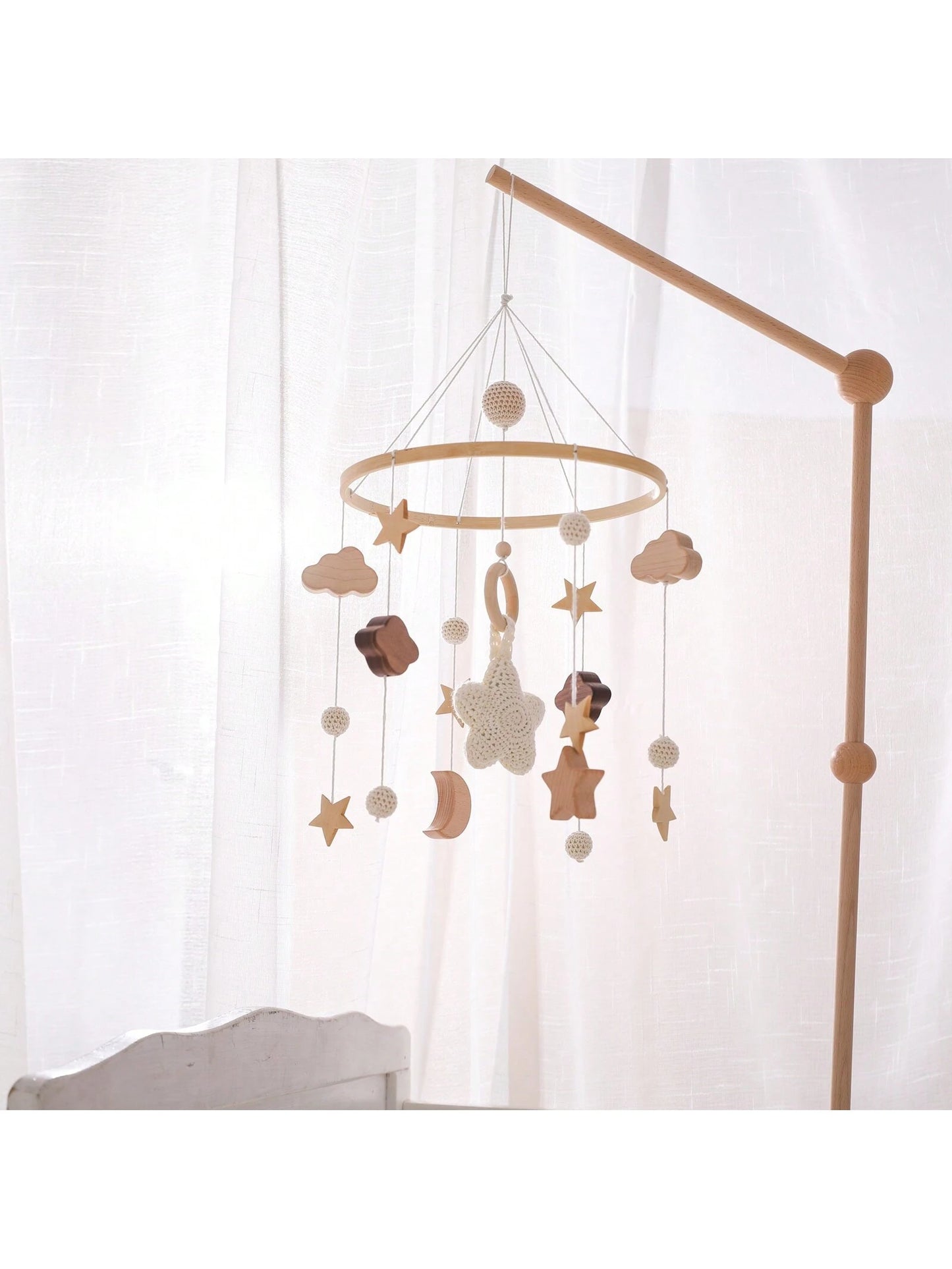 Children's Beige Starry Bed Bell Crib Rattle Bed Bell Handmade Crochet Wooden Nursery Pendant Newborn Gift