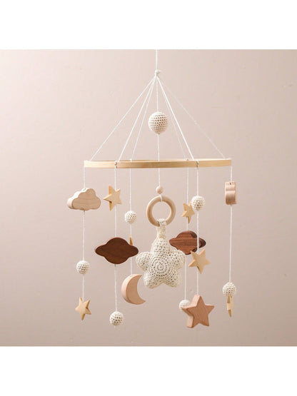 Children's Beige Starry Bed Bell Crib Rattle Bed Bell Handmade Crochet Wooden Nursery Pendant Newborn Gift