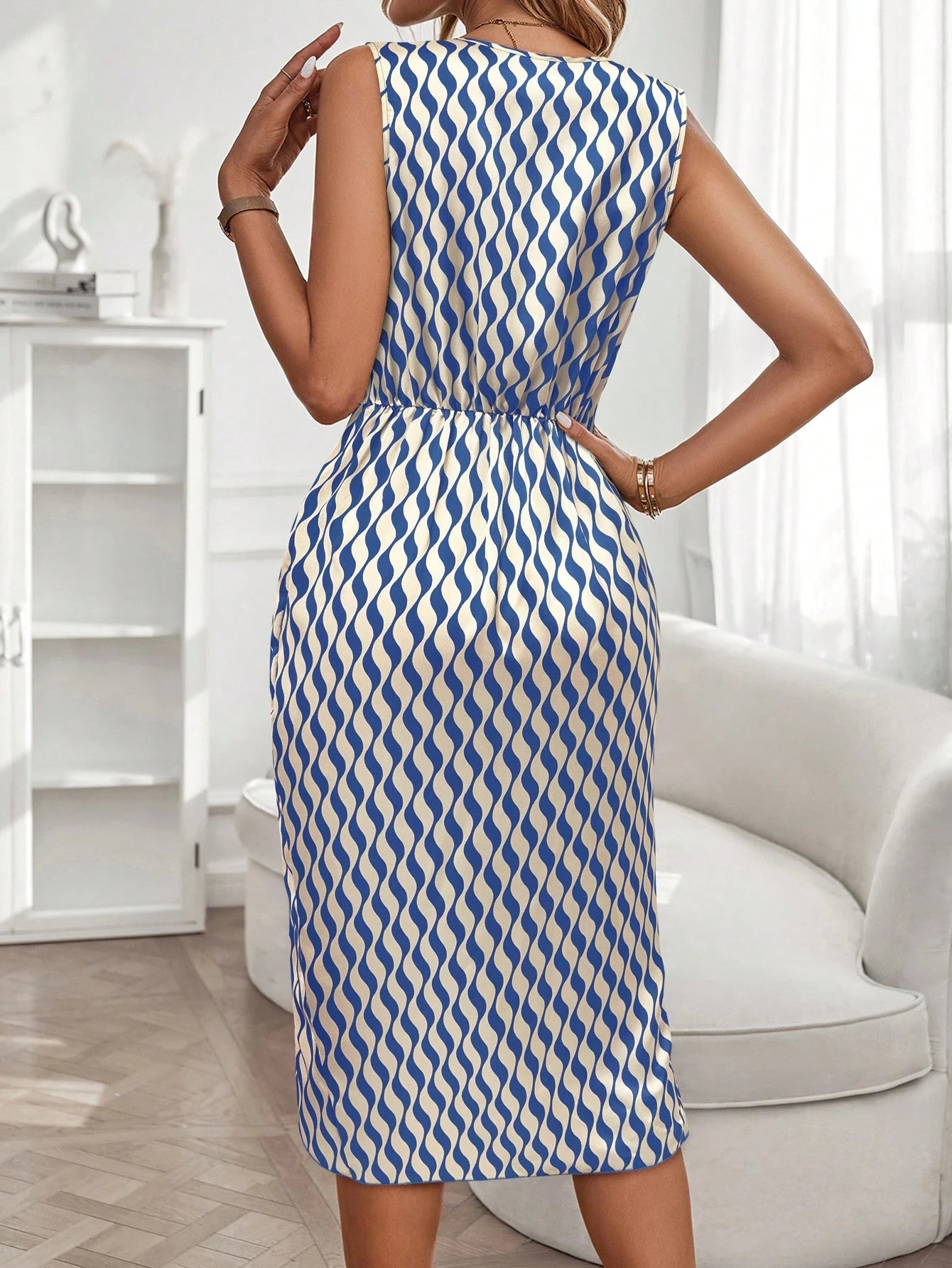 Clasi Allover Print Draped Front Asymmetrical Hem Dress Maxi Women Outfit