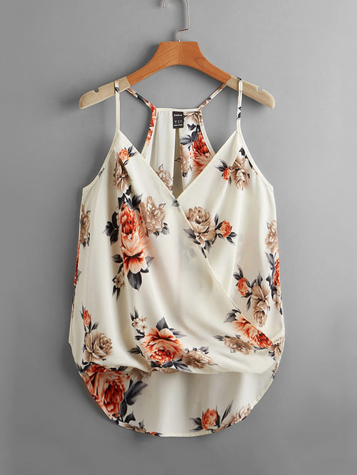 Clasi Beige, Summer, Boho, Vacation, Holiday Floral Print High Low Hem Cami Top, Elegant Beach, Casual For Women, Festival & Party