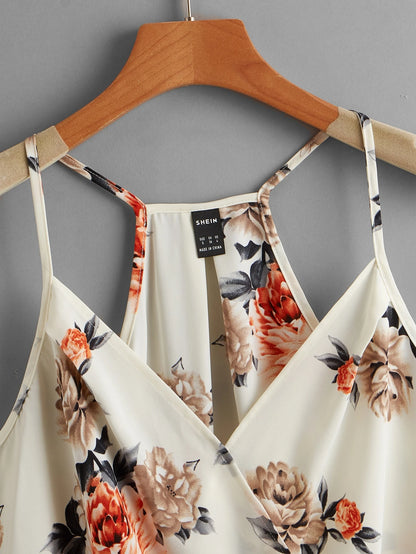 Clasi Beige, Summer, Boho, Vacation, Holiday Floral Print High Low Hem Cami Top, Elegant Beach, Casual For Women, Festival & Party