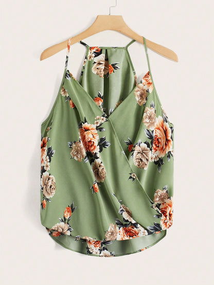 Clasi Beige, Summer, Boho, Vacation, Holiday Floral Print High Low Hem Cami Top, Elegant Beach, Casual For Women, Festival & Party