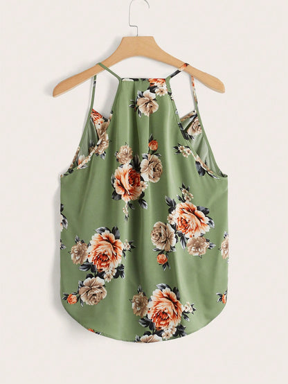 Clasi Beige, Summer, Boho, Vacation, Holiday Floral Print High Low Hem Cami Top, Elegant Beach, Casual For Women, Festival & Party