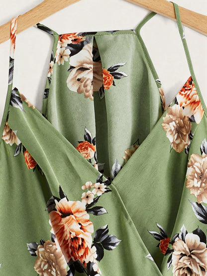 Clasi Beige, Summer, Boho, Vacation, Holiday Floral Print High Low Hem Cami Top, Elegant Beach, Casual For Women, Festival & Party