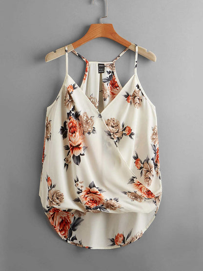 Clasi Beige, Summer, Boho, Vacation, Holiday Floral Print High Low Hem Cami Top, Elegant Beach, Casual For Women, Festival & Party