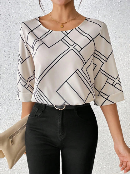 Clasi Casual Commuter Geometric Print Round Neck Shirt