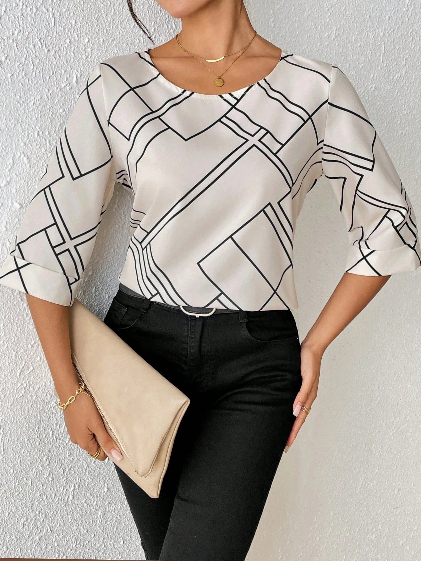 Clasi Casual Commuter Geometric Print Round Neck Shirt