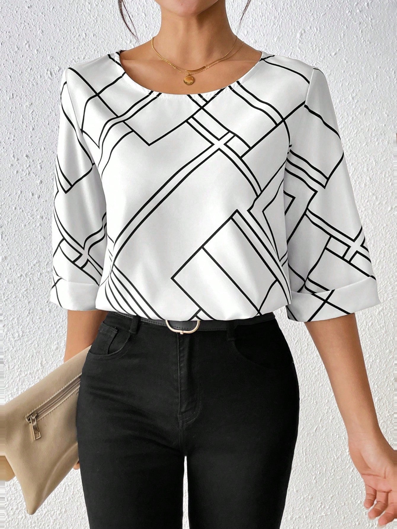 Clasi Casual Commuter Geometric Print Round Neck Shirt