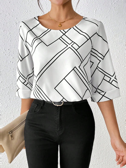 Clasi Casual Commuter Geometric Print Round Neck Shirt