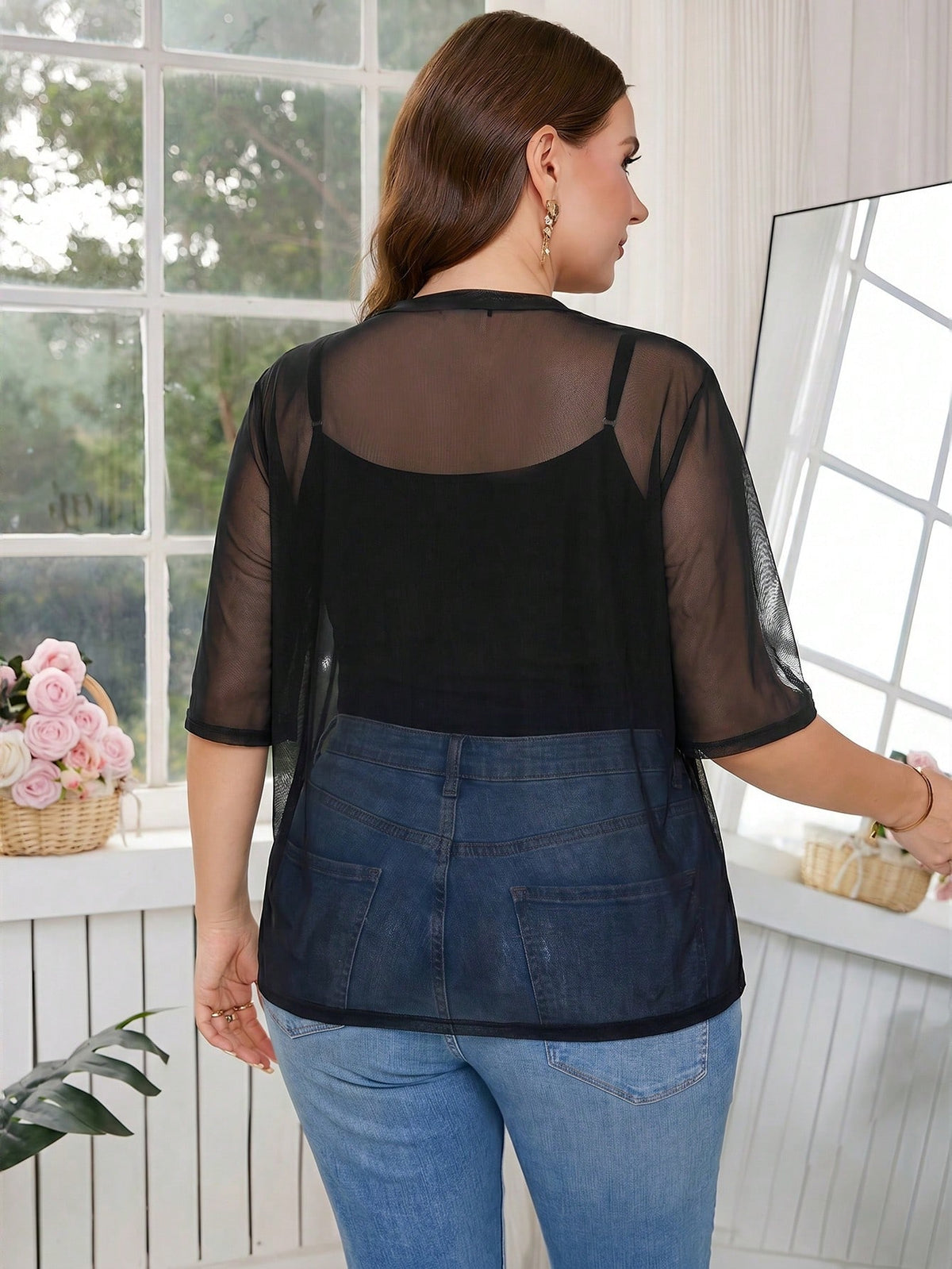 Clasi Plus Size Black Sheer Mesh Party Thin Three-Quarter Sleeve Shiny Coat
