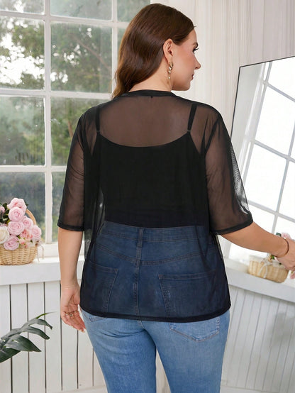 Clasi Plus Size Black Sheer Mesh Party Thin Three-Quarter Sleeve Shiny Coat