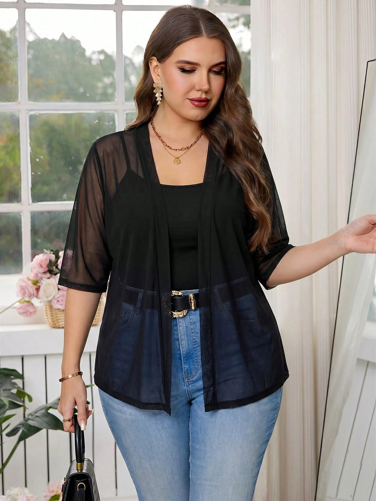 Clasi Plus Size Black Sheer Mesh Party Thin Three-Quarter Sleeve Shiny Coat