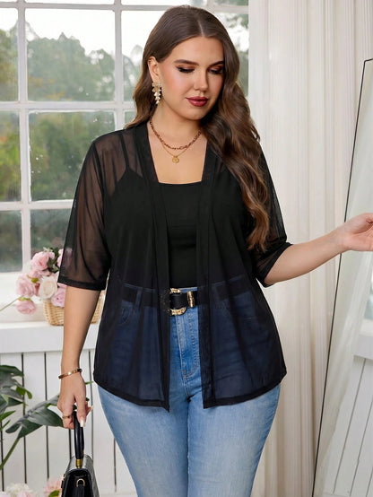 Clasi Plus Size Black Sheer Mesh Party Thin Three-Quarter Sleeve Shiny Coat