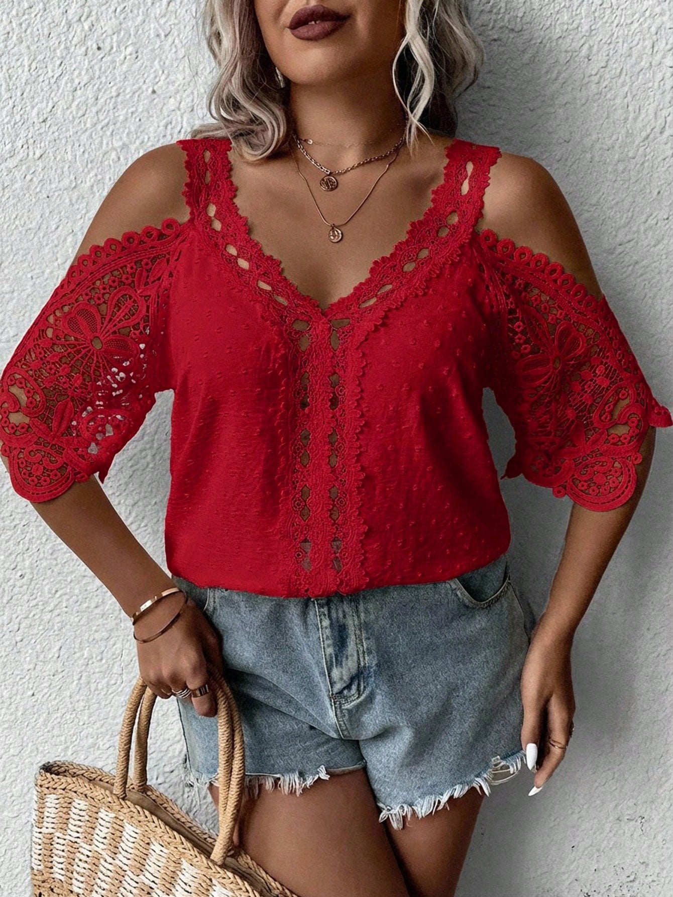Clasi Plus Size Solid V-Neck Off-Shoulder Short Sleeve Lace Loose Blouse
